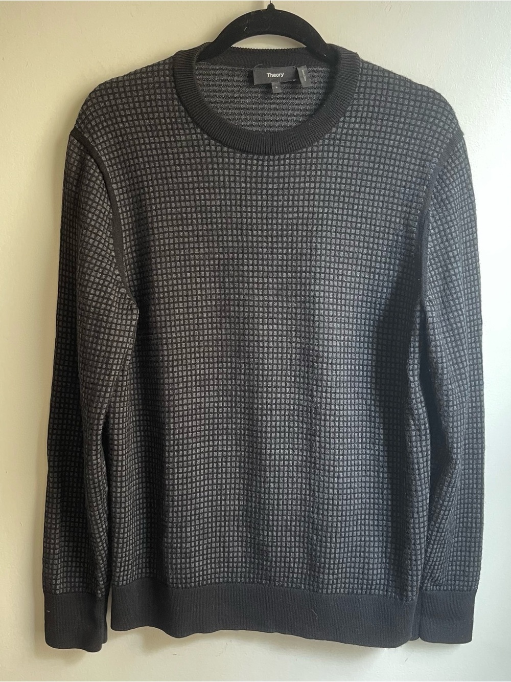 Theory Men’s Merino Wool Sweater Gray Black Waffle Knit Large